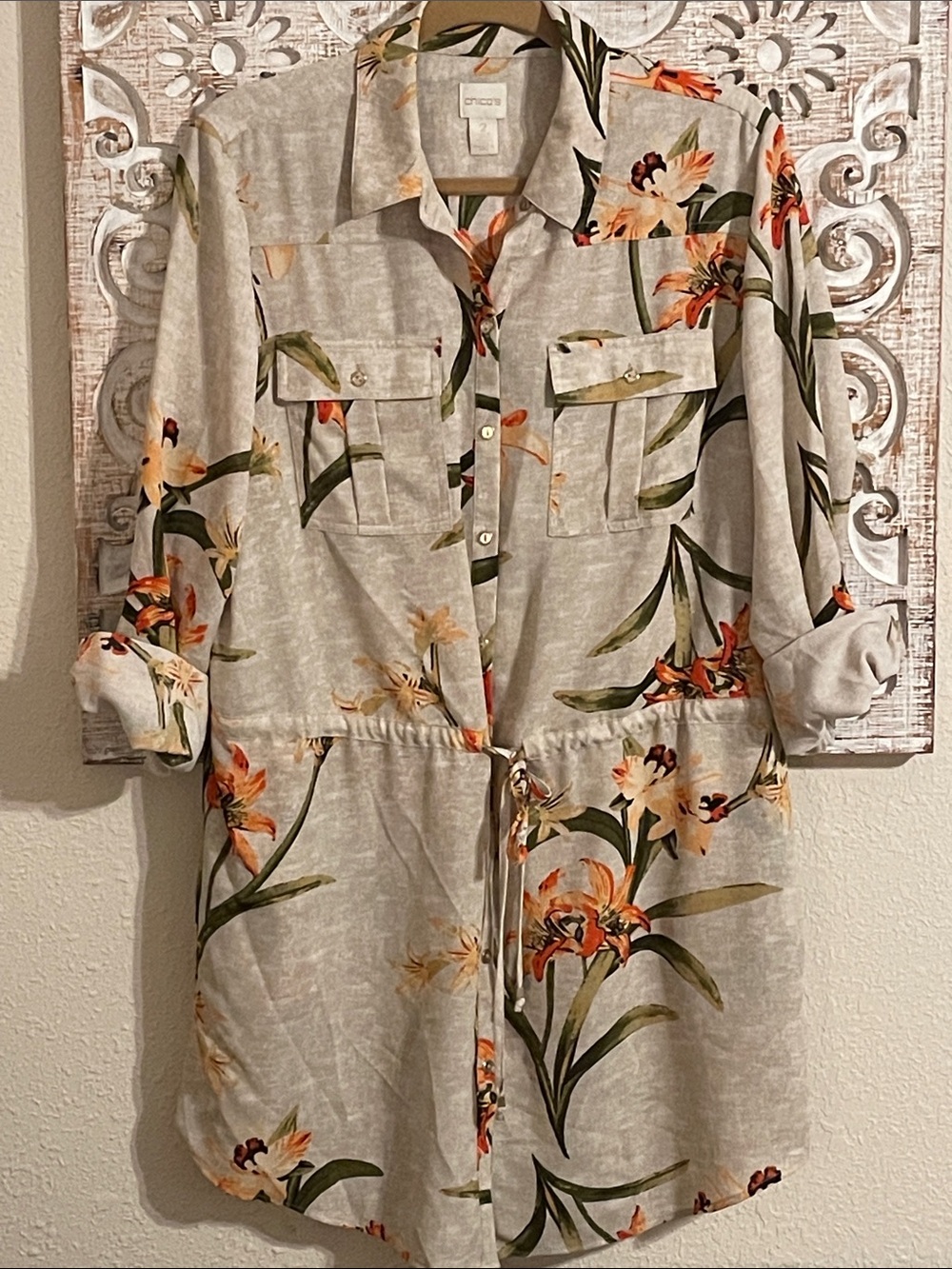 Chico's Button-Front Floral Shirt Dress with Orange & Green Accents